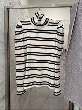 VB Striped Turtleneck Long-Sleeve Top - White with Black & Red Stripes.